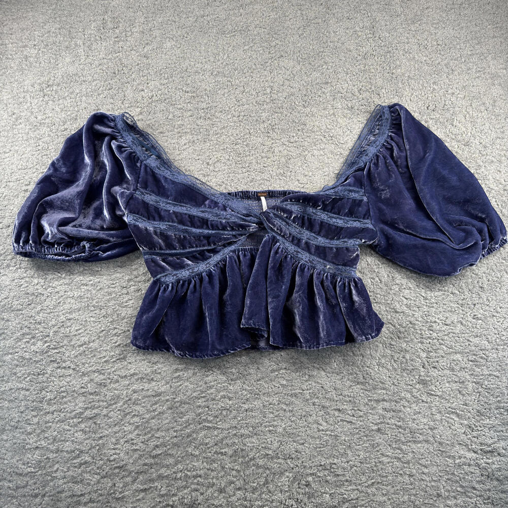 Free People Purple Velvet Puff Sleeve‎ Crop Top Large Coquette Romance Whimsy